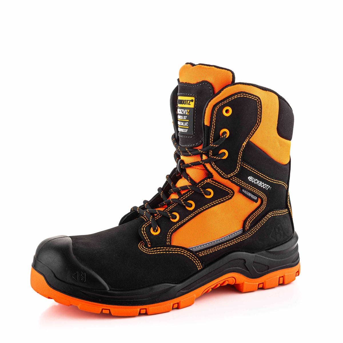 BVIZ1 BK OR Buckz Viz hoge veter-/ritsschoen - zwart hi-vis oranje – linkerzijaanzicht 2