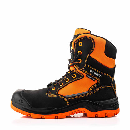 BVIZ1 BK OR Buckz Viz hoge veter-/ritsschoen - zwart hi-vis oranje – linkerzijaanzicht 3