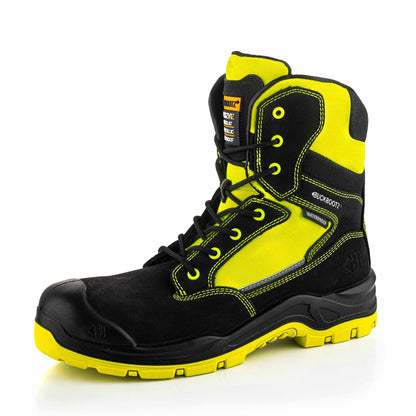 BVIZ1 BK YL Buckz Viz hoge veter-/ritsschoen - zwart hi-vis geel – linkerzijaanzicht 3