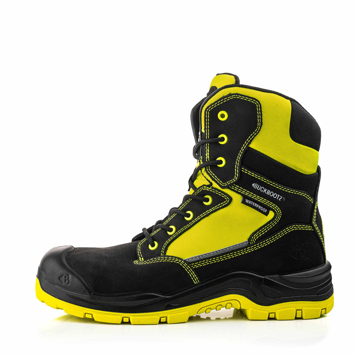 BVIZ1 BK YL Buckz Viz hoge veter-/ritsschoen - zwart hi-vis geel – linkerzijaanzicht 4