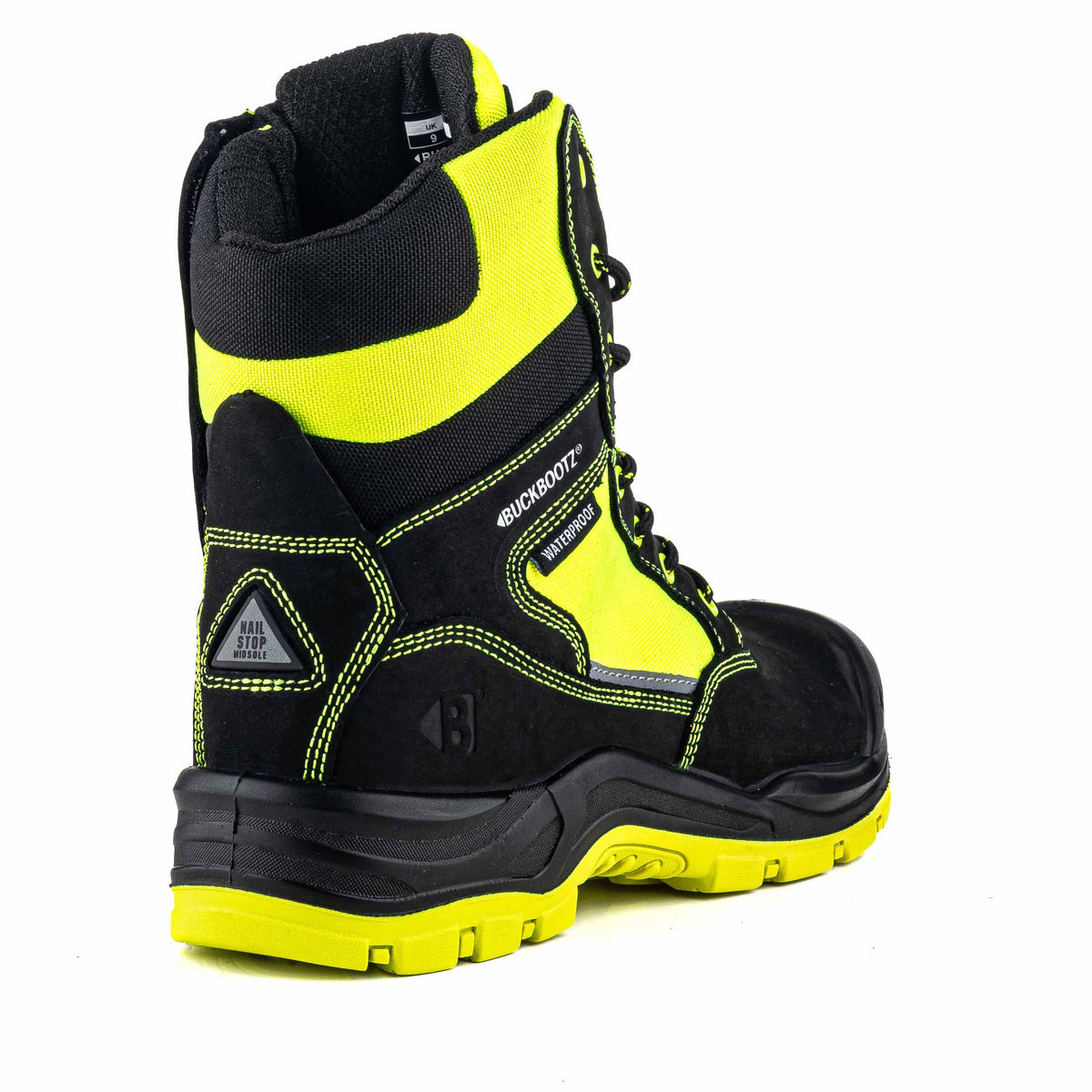 BVIZ1 BK YL Buckz Viz hoge veter-/ritsschoen - zwart hi-vis geel – rechterzijaanzicht 8