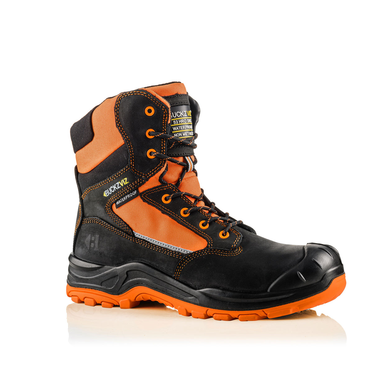 BVIZ1 OR BK Buckzviz High Leg Lace/Zip Boot - Black HI Vis Orange