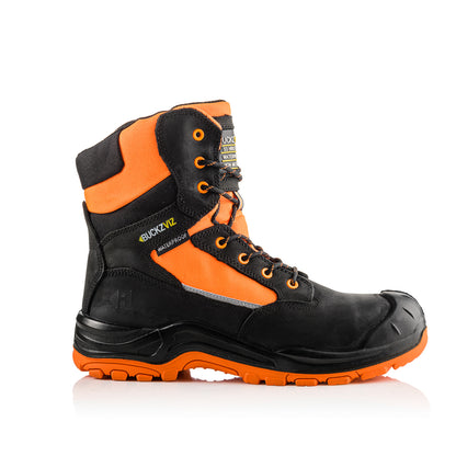 BVIZ1 OR BK Buckzviz High Leg Lace/Zip Boot - Black HI Vis Orange