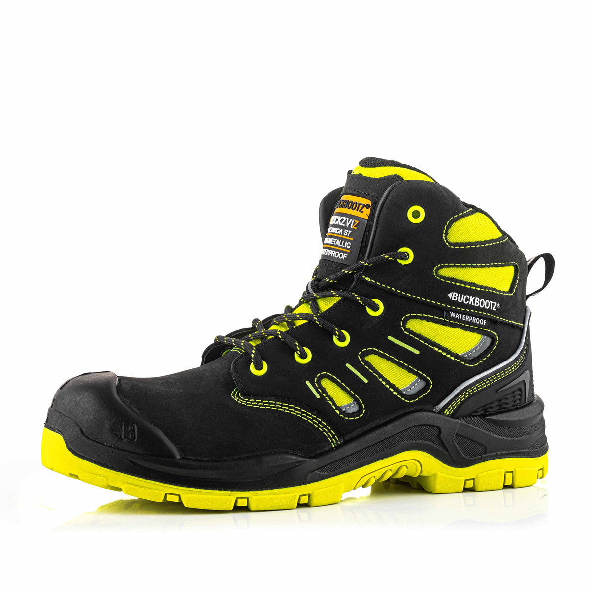 BVIZ2 BK YL Buckz Viz veterschoen - zwart hi-vis geel – linkerzijaanzicht 3