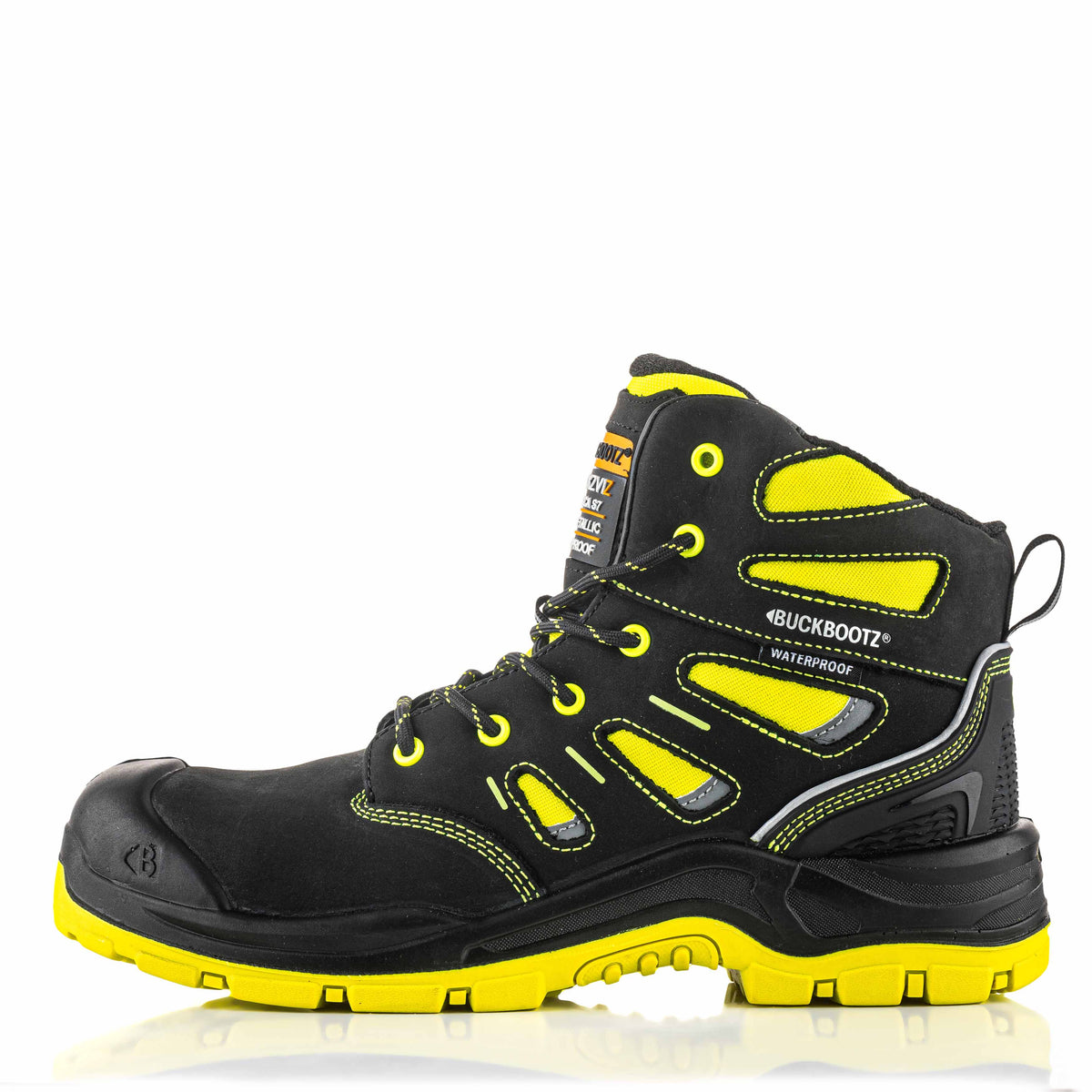 BVIZ2 BK YL Buckz Viz veterschoen - zwart hi-vis geel – linkerzijaanzicht 4