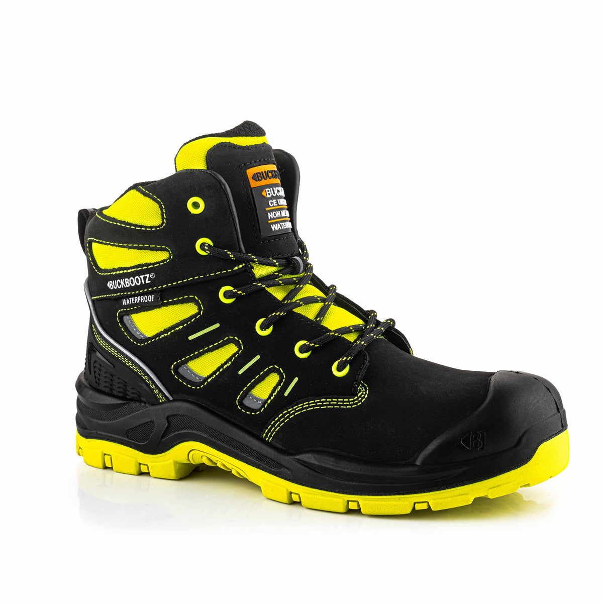 BVIZ2 BK YL Buckz Viz veterschoen - zwart hi-vis geel – rechterzijaanzicht 6