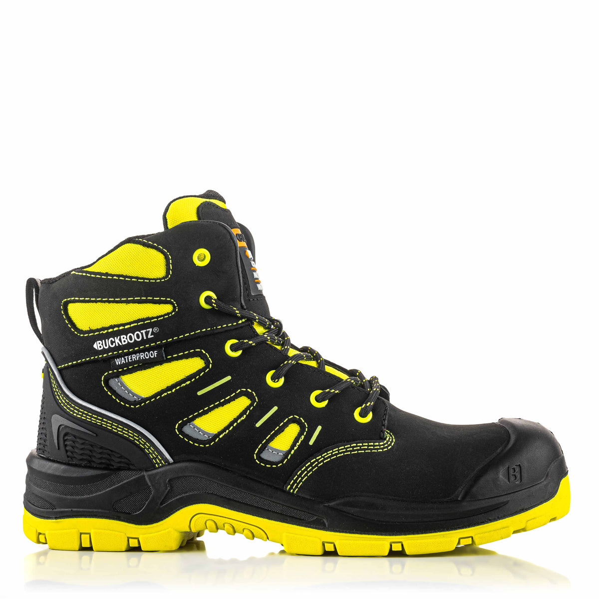 BVIZ2 BK YL Buckz Viz veterschoen - zwart hi-vis geel – rechterzijaanzicht 1